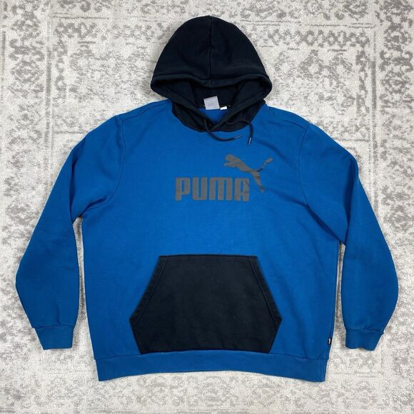 PUMA Hoodie Mens Drawstring Blue Colorblock Pullover Casual Relaxed Size XL - Picture 1 of 5